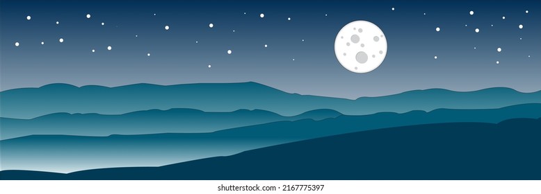 Night background over the mountains. Night mountain landscape. Panoramic wide banner. nature. Vector graphics. echo in the night sky.