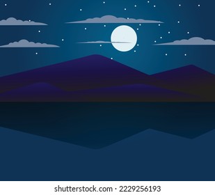 Night background over the sea. Night mountain view and moon. Panoramic wide banner. natural. Vector graphics.