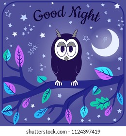 Night background with owl, moon and branch