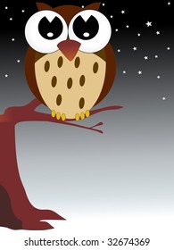 night background with owl sit on branch
