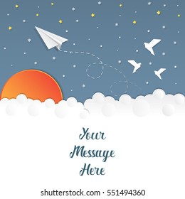 Night background with paper plane and paper bird, vector illustration