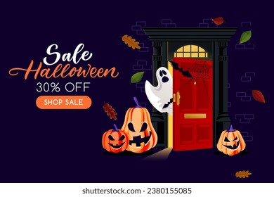 Night background with red closed door, ghost, bats and pumpkin lanterns. Vector cartoon illustration. Halloween holiday poster, banner template. Party flyer invitation layout