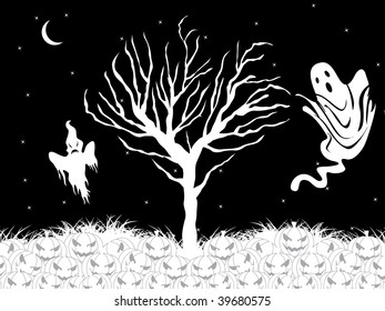 night background with retro tree, witch and pumpkins