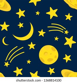 Night background, Saturn, Moon, comet and shining stars on dark blue sky, vector illustration. Good night concept
