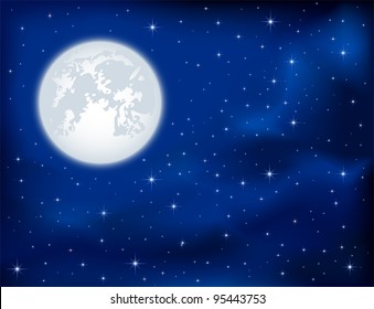 Night background, shining Stars and Moon on dark blue sky, illustration