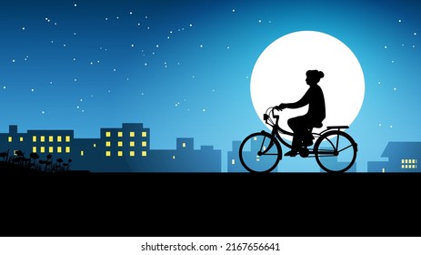 Night background with silhouette of a girl riding a bicycle and full moon