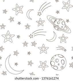 Night background. Stroke Saturn, Moon, comet and  stars on dark blue sky, vector illustration. Good night concept