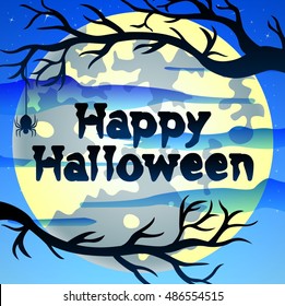 Night background with tree branches and the full moon.Vector illustration