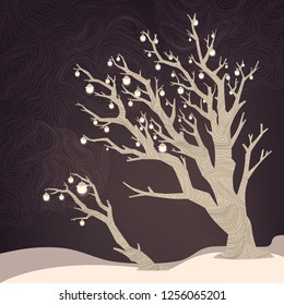 Night background with tree and lamps on it. Vector winter holiday illustration