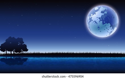 night background with tree silhouette and Full moon