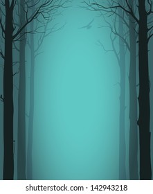 Night background with trees and flying birds, moonlight, vector illustration
