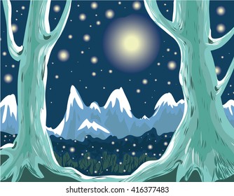 Night background with trees and mountains. Full moon vector illustration