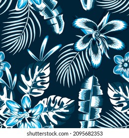 night background vector design illustration with bright tropical plant and leaves seamless pattern. fashionable texture design. Floral background. Exotic tropic. Summer themed design. nature wallpaper