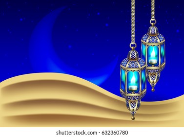 night background with vintage gold lantern in the sand dune against of the night starry sky and the moon, vector illustration