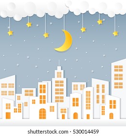 Night background with white city and moon hanging, vector illustration