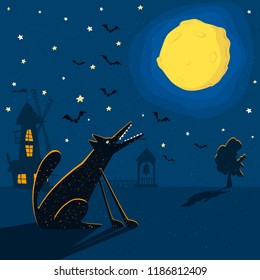 Night background with wolf and moon, illustration.