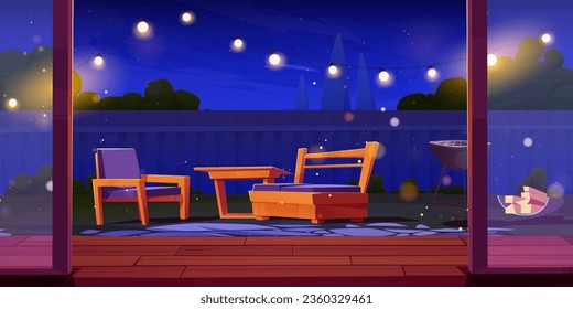 Night backyard with garden furniture. Vector cartoon illustration of house patio with glass door, wooden table and armchairs, bbq grill and pile of firewood on ground, garland lights, starry sky