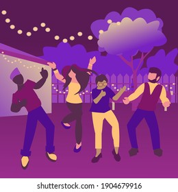 Night Backyard Party Four Happy Characters Dancing In The Garden Vector Flat Illustration