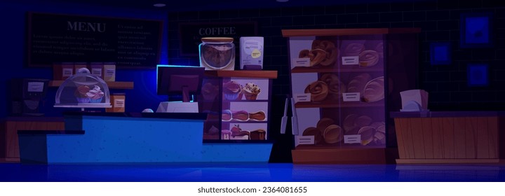 El mostrador de panadería nocturna en la tienda de cafés fondo vectorial interior. Restaurante moderno en el interior de la ilustración de dibujos animados. Panadería variada, pasteles y bollos en la repisa de la escaparate. Comercio al por menor de productos de pastelería