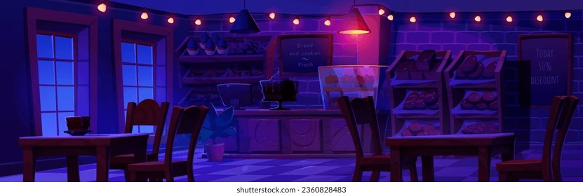 Night bakery shop interior with counter cartoon background. Lamp glow in cafe with cake and sweet pastry food. Donut and dessert showcase shelves furniture. Nobody in bread house in dark evening