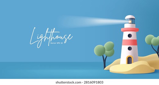 Night banner with lighthouse building shining, 3D. rocky coast, trees, embankment. Summer banner. Vector illustration.