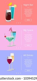 Night bar big space all drinks banner with cocktails web page design with alcoholic beverages in shiny glasses. Vector illustration with place for text and buttons