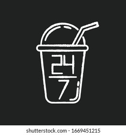 Night Bar Chalk White Icon On Black Background. 24 7 Hour Diner. Twenty Four Seven Cafe Menu. Around The Clock Working Restaurant. 24 Hr Open Cantine. Isolated Vector Chalkboard Illustration