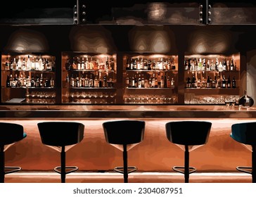 Night Bar, Night Club with high chair in front of the bartender shelf with bottles of liquors