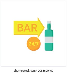 Night bar flat icon. Around the clock. Bright neon signboard. Advertisement, pointer. Night luminous billboard. Cocktail party and drinking establishment concept. 3d vector illustration
