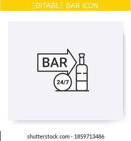 Night bar line icon. Around the clock. Bright neon signboard. Advertisement, pointer. Night billboard.Cocktail party and drinking establishment concept. Isolated vector illustration.Editable stroke 