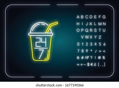 Night Bar Neon Light Icon. 24 7 Hour Diner. Twenty Four Seven Cafe Menu. 24 Hr Open Cantine. Outer Glowing Effect. Sign With Alphabet, Numbers And Symbols. Vector Isolated RGB Color Illustration