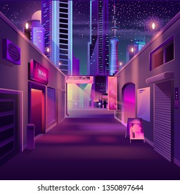 Night bar on city empty side street cartoon vector with advertising illuminated neon signboards on cafe entrance, futuristic skyscrapers buildings illustration. Small business in modern metropolis