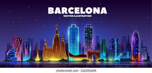 Night Barcelona skyline. Vector Illustration. Business travel and tourism concept with modern buildings. Image for presentation, banner, web site.