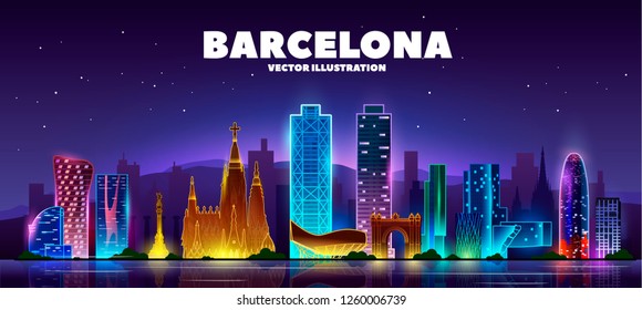 Night Barcelona ( Spain ) skyline with panorama in white background. Vector Illustration. Business travel and tourism concept with modern buildings. Image for presentation, banner, web site.