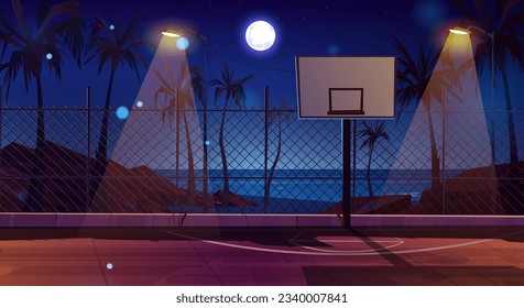 cancha de baloncesto nocturno a orillas del mar. Dibujo vectorial de un parque de juegos oscuro para actividades deportivas al aire libre iluminadas por lámparas de calle, playa de mar con piedras rocosas, luna y estrellas brillando en el cielo