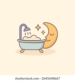  Night bath icon with moon, bubbles, and sparkle for relaxing bedtime routine, perfect for wellness, self-care, spa, and digital sleep hygiene illustrations