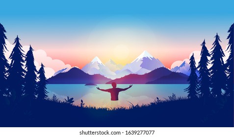 Night bath - man standing in a quiet lake with sunrise over the mountains. Ready to take a cold swim a beautiful morning. Freedom, peaceful, night activity concept. Norwegian landscape illustration.
