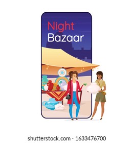 Night bazaar cartoon smartphone vector app screen. Istanbul street market. Mobile phone display with flat character mockup. Traditional eastern fair. Turkish souk application telephone interface