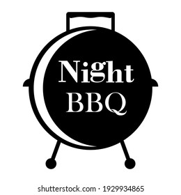 Night bbq. Vector logo. Inscription and icon barbecue. Black and white Illustration on blank background.