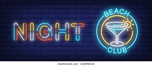 Night beach club neon sign. Margarita glass with shining sun in circles. Vector illustration in neon style for entertainment or party