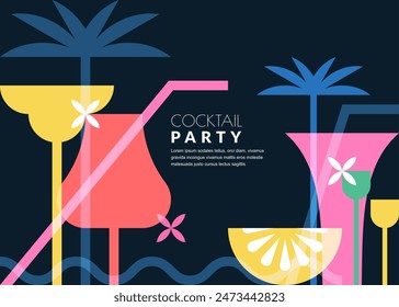 Night beach cocktails party banner, poster, flyer template. Summer tropical bar vector geometric illustration. Abstract color block flat background for alcohol list menu design