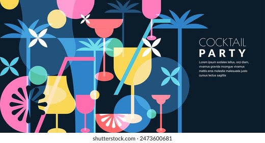 Night beach cocktails party horizontal banner, poster template. Tropical bar vector color block illustration. Abstract geometric flat background. Alcohol cocktail menu design elements