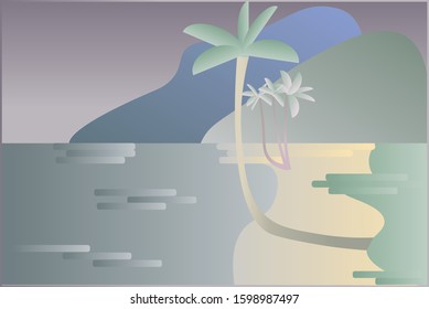 night beach in the dark flat illustrations, tropics, palm trees. Negative pictures drawn. Travel blogs. 