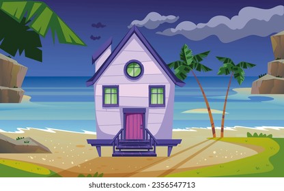 Night beach island sea bungalow hotel concept. Vector flat graphic design illustration