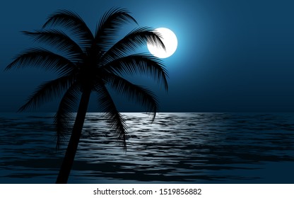night beach landscape with the moon behind a coconut tree