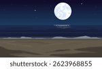 Night beach landscape with moon, pixel art background. 2d backdrop in 8-bit retro video game style.