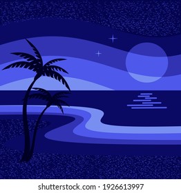 Night beach lit by the light of the moon. Vector illustration.