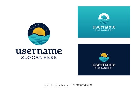 Night Beach logo template with moon and star.  Vector design illustration