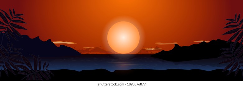 Night beach, ocean shore, sea horizon with palm trees at sunset, dawn of the sun. Vector illustration