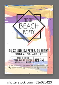 Night Beach Party celebration stylish flyer, banner or template with colorful splash.